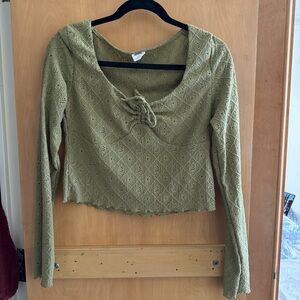 Cotton On Olive Knit Long Sleeve Tie Neck Top